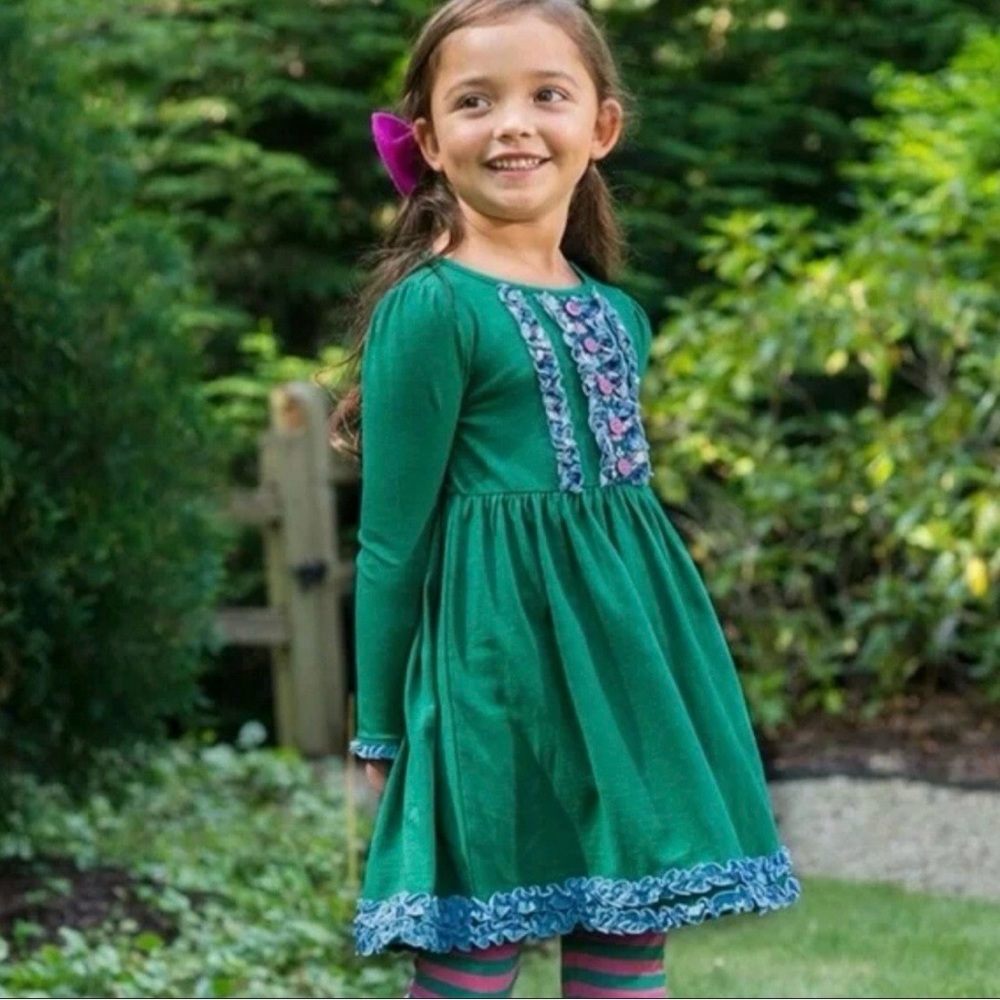 Matilda Jane Family Tree Dress Size 12- Long Sleeve Green dress with blue ruffle